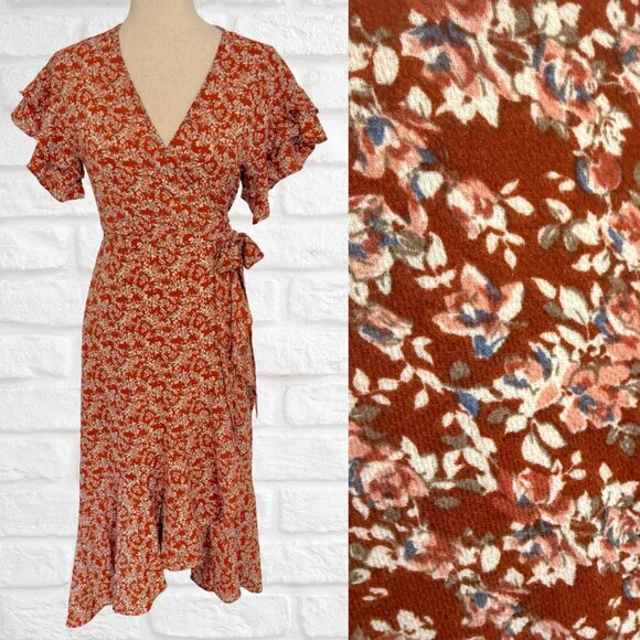 NWT Max Studio Size XS Brown Floral Wrap Dress Short Sleeve Ruffles Midi Dress - Picture 1 of 11